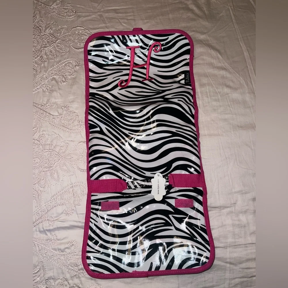 B Jaxx Embroidered “H” Zebra Print Toiletry Makeup Bag Travel Cosmetic Case